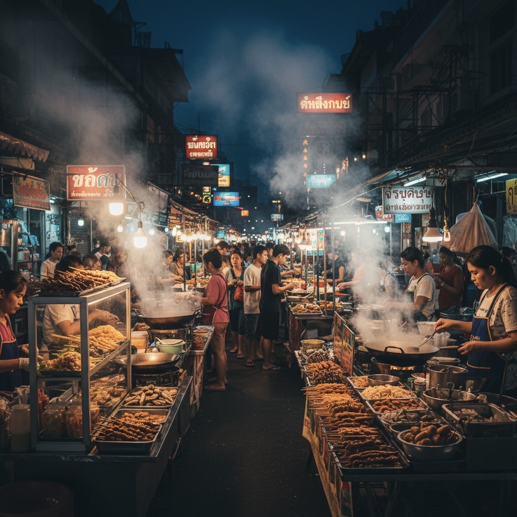 Тайский уличный рынок с готовой едой