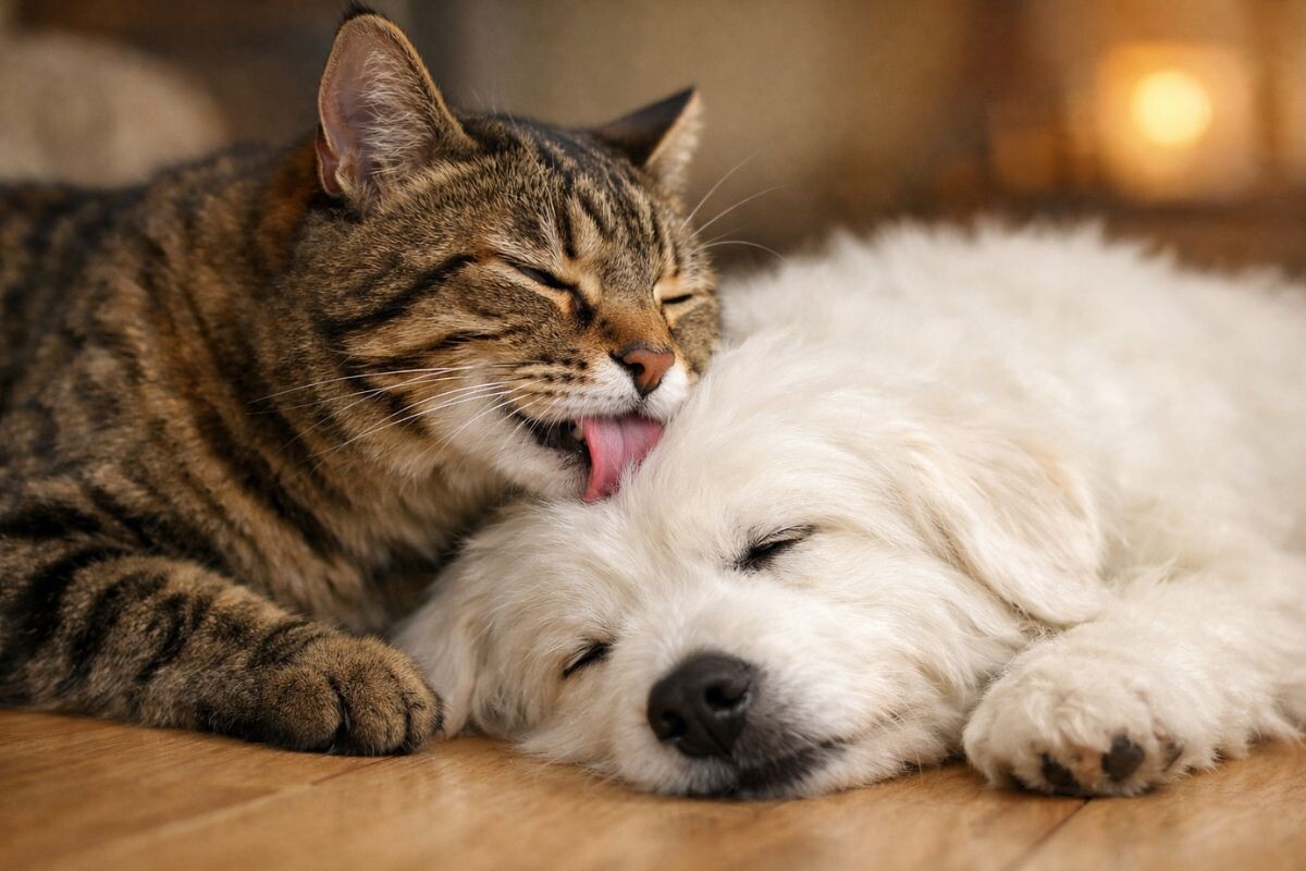 Кот лижет собаку 