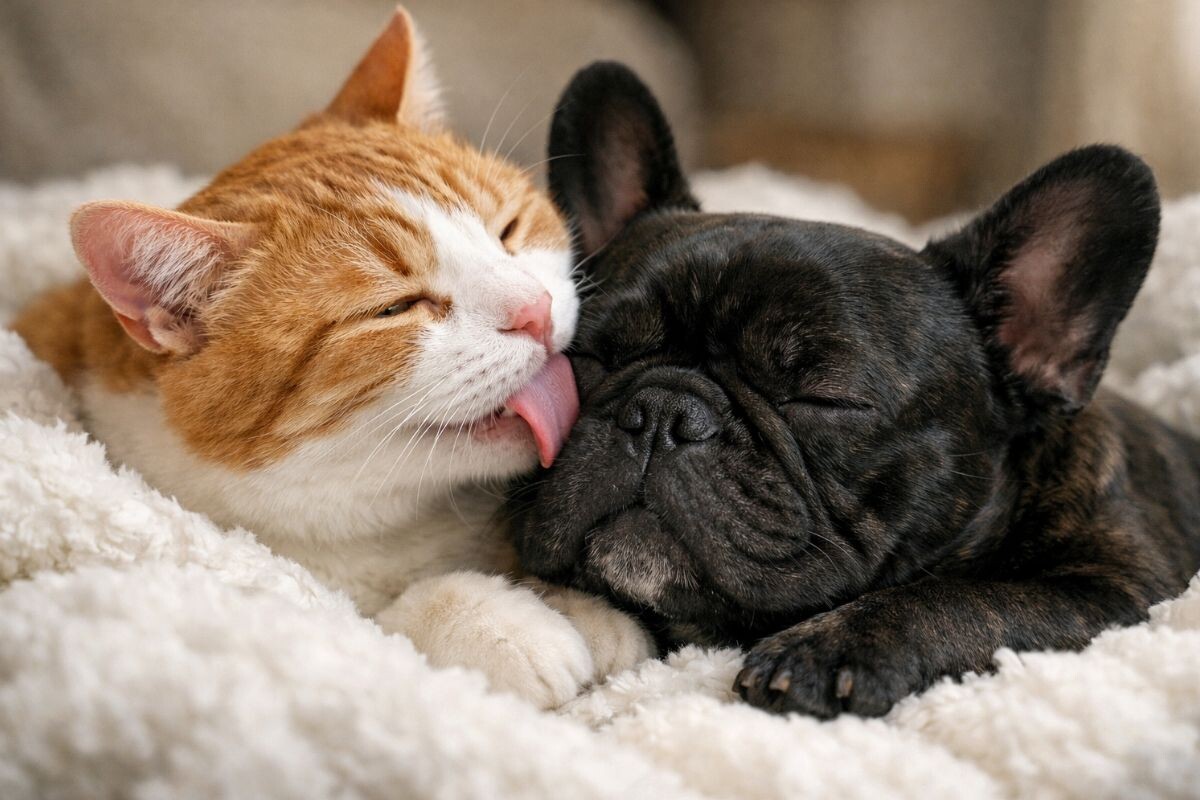 Кошка вылизывает собаку 