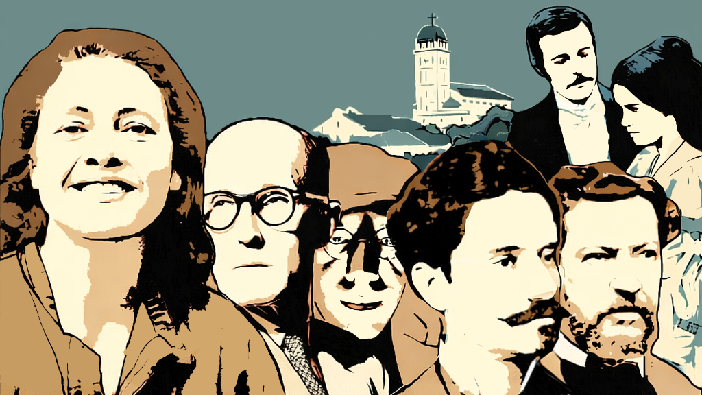 Слева направо: Аделия Праду, Карлус Друмон де Андраде, Мариу де Андраде, Алфонсус де Гимарайнс, Бернарду Гимарайнс (а кто за спиной последнего — вы и так поняли) на фоне храма в  Дивинополисе, родном городе Аделии Праду