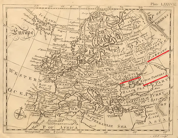 Карта Европы в энциклопедии "Британника", первое издание, 1977 год. Подчеркнуто обозначение Малой, Кубанской и Московской Тартариию