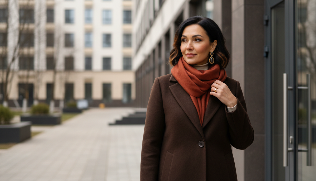Правило мостика - шарф тёмного терракотового между лицом и пальто горького шоколада