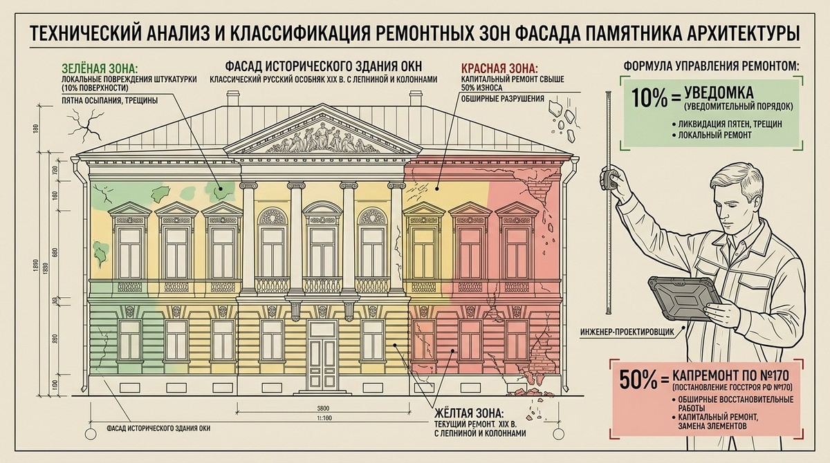 Технический анализ и классификация ремонтных зон фасада памятника архитектуры. Кругозор Проектировщика