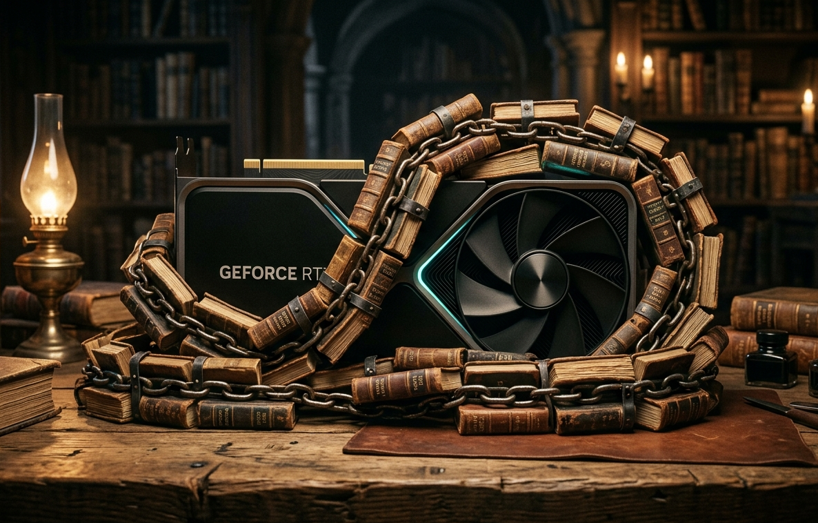 Видеокарта Nvidia, обмотанная цепями из старых книг (сгенирировано в @nano_bananos_bot)