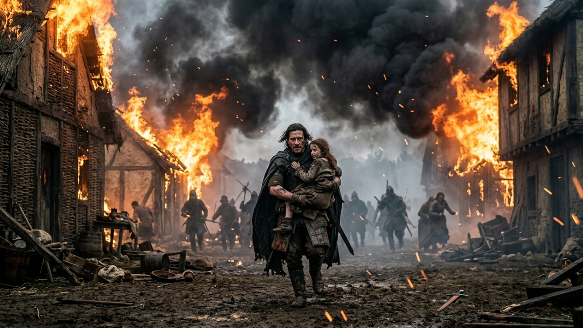 Широкий план горящей деревни. Кроу бежит по колено в грязи, прижимая к себе маленькую девочку. Вокруг ревет пламя, силуэты гвардейцев в дыму добивают крестьян. Атмосфера хаоса и апокалипсиса