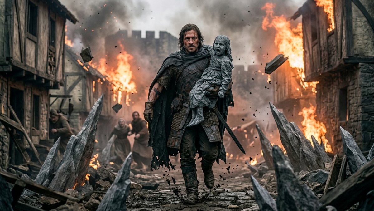 Кроу в закопченном доспехе бежит через разрушенную деревню. На руках он несет девочку, которая выглядит как статуя из серого камня. Вокруг рушатся дома, из земли выходят острые каменные клыки. Оранжевое зарево пожара смешивается с густым серым дымом