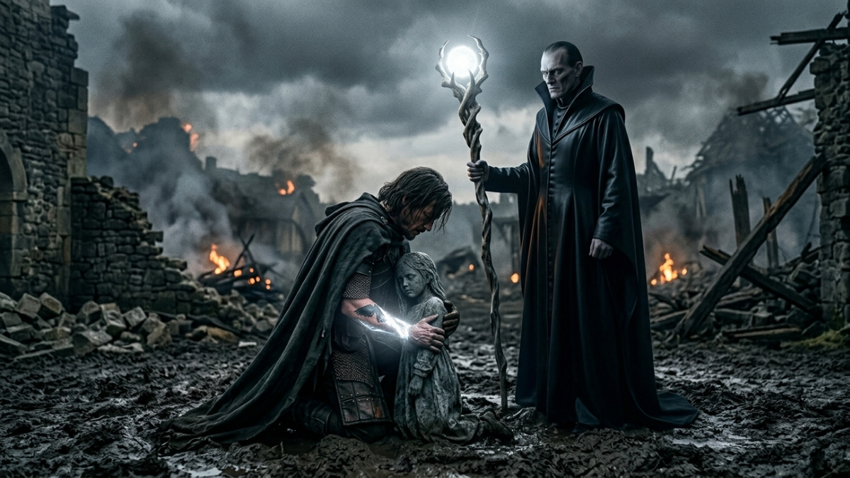 На фоне дымящегося холма стоит Инквизитор Вальмонт. Его костяной посох ярко сияет белым светом. Перед ним на коленях в грязи стоит Кроу, прикрывая собой окаменевшую девочку. Предплечье Кроу светится серебристым светом сквозь лохмотья одежды. Атмосфера напряжения и фатальности