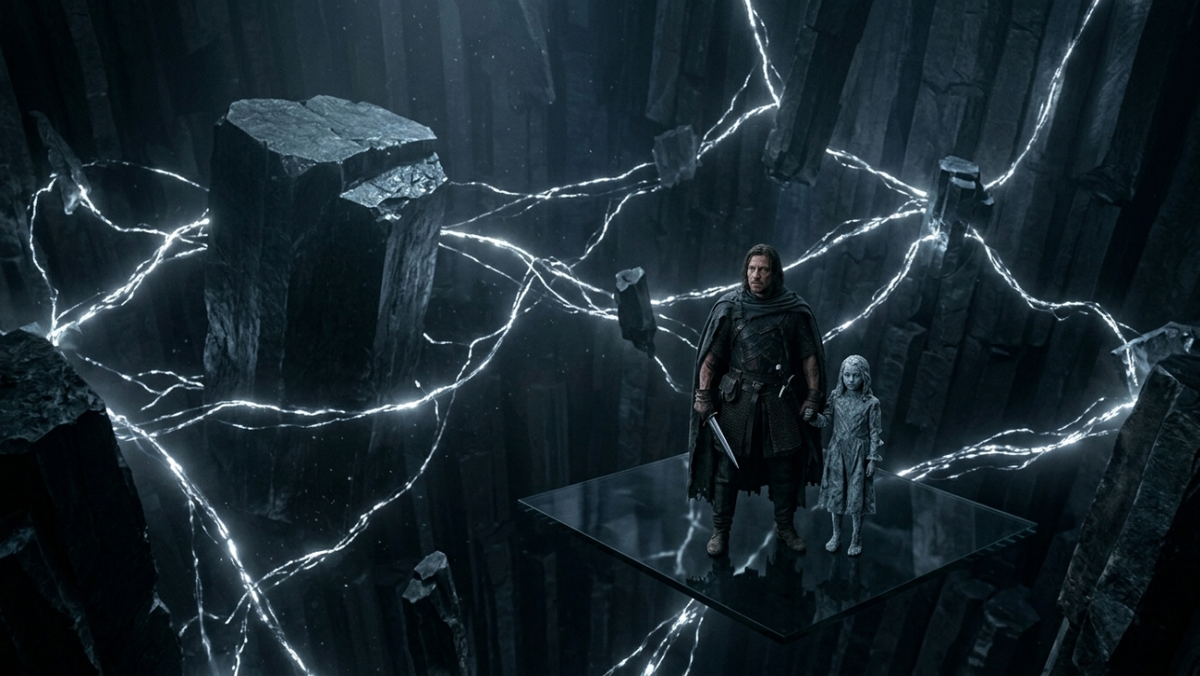 Громадное подземное пространство, состоящее из парящих базальтовых глыб. Кроу и полукаменная девочка находятся на платформе из черного стекла. Вокруг пульсируют серебристые нити энергии. Масштаб подчеркивает ничтожность человека перед силами земли