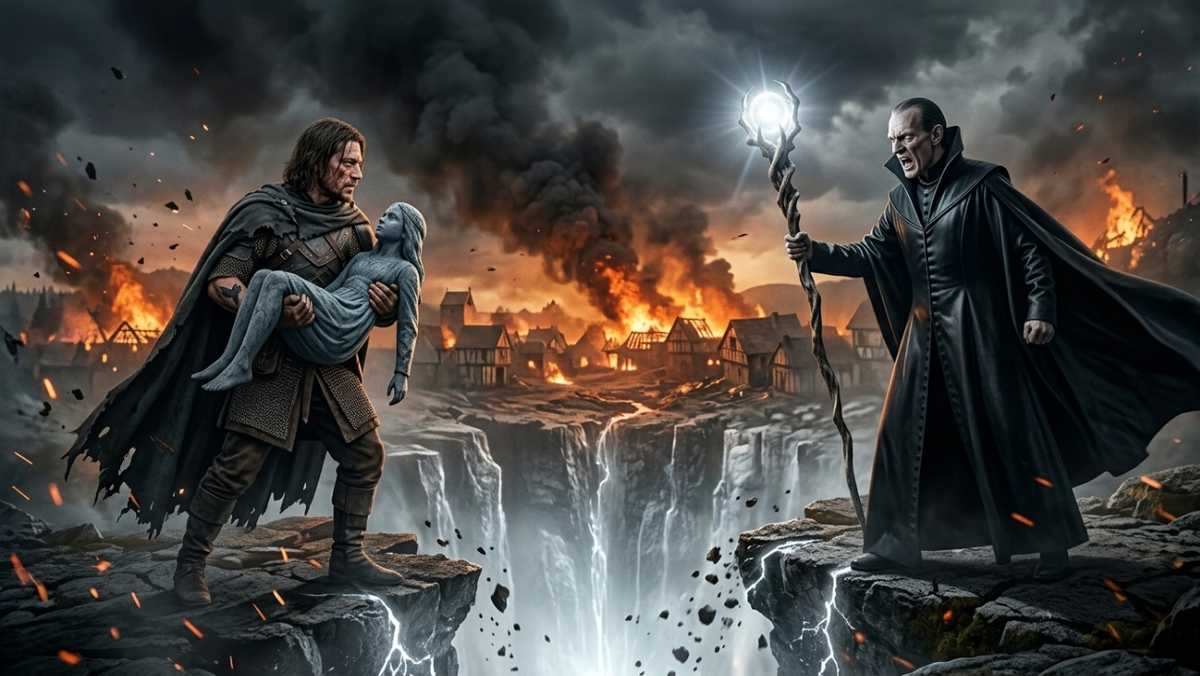 Напряженная сцена на краю гигантского провала. Вальмонт с сияющим посохом и искаженным лицом тянется к Кроу. Кроу, весь в копоти и крови, держит на руках окаменевшую девочку, стоя на самом обрыве. Внизу — серебристое свечение Бездны. Сзади — огонь деревни