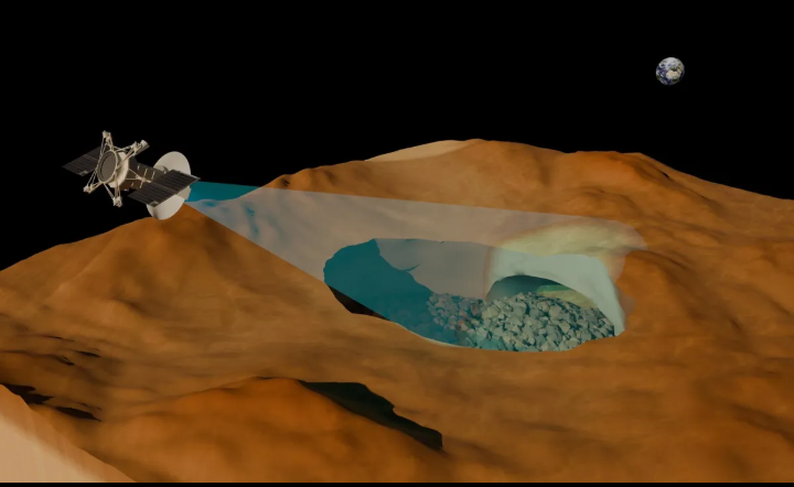 Сквозь атмосферу Венеры в районе горы Никта видна подземная пещера, которая, по предположению, является лавовой трубкой. Это образование было обнаружено в результате анализа радиолокационных изображений, полученных с помощью радара на борту космического аппарата NASA «Магеллан». Фото: RSLab, Университет Тренто