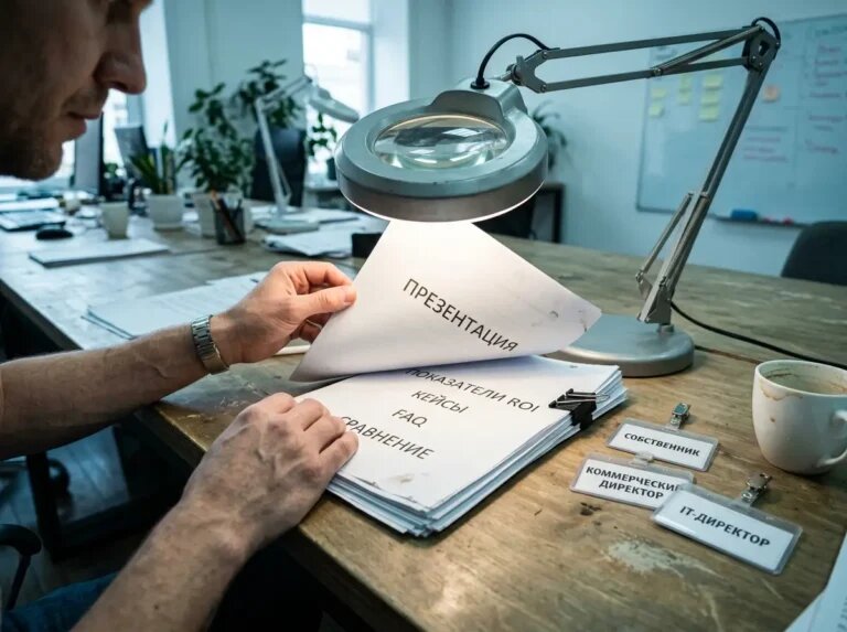    Под «Презентацией» — кейсы, ROI, FAQ и сравнение: на столе открывается слой доверия для разных ЛПР. "Kontenium"