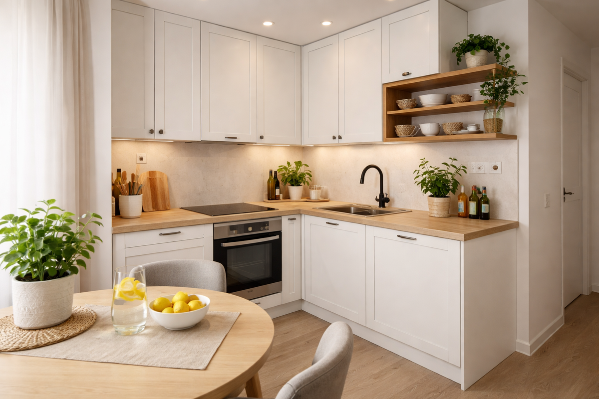 Светлая угловая кухня в скандинавском стиле для маленькой квартиры