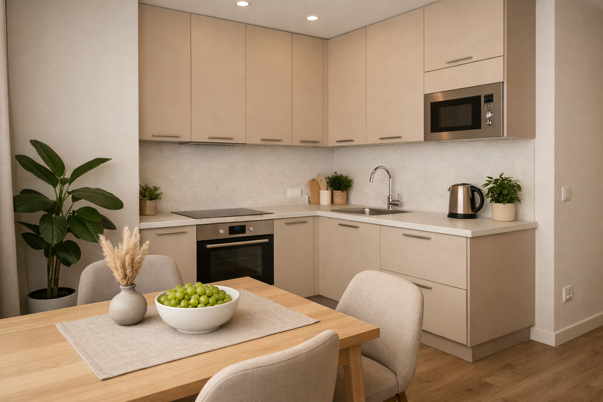 Минималистичная угловая кухня светлого бежевого цвета