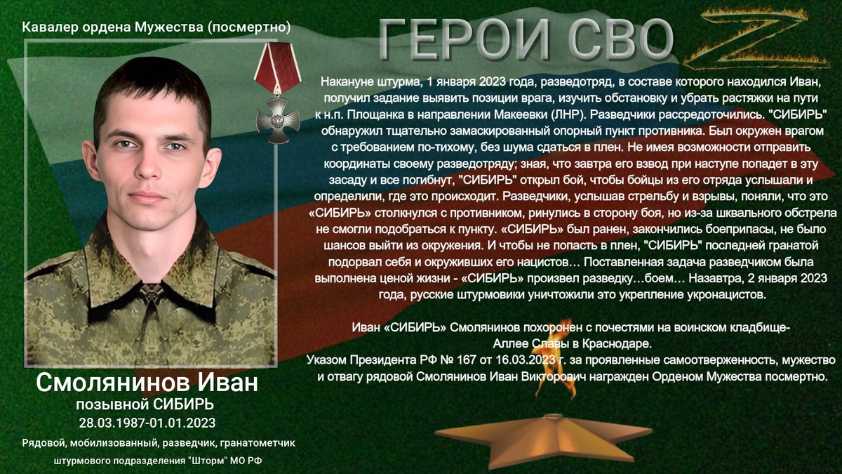 Смолянинов Иван Викторович позывной СИБИРЬ погиб в ходе СВО