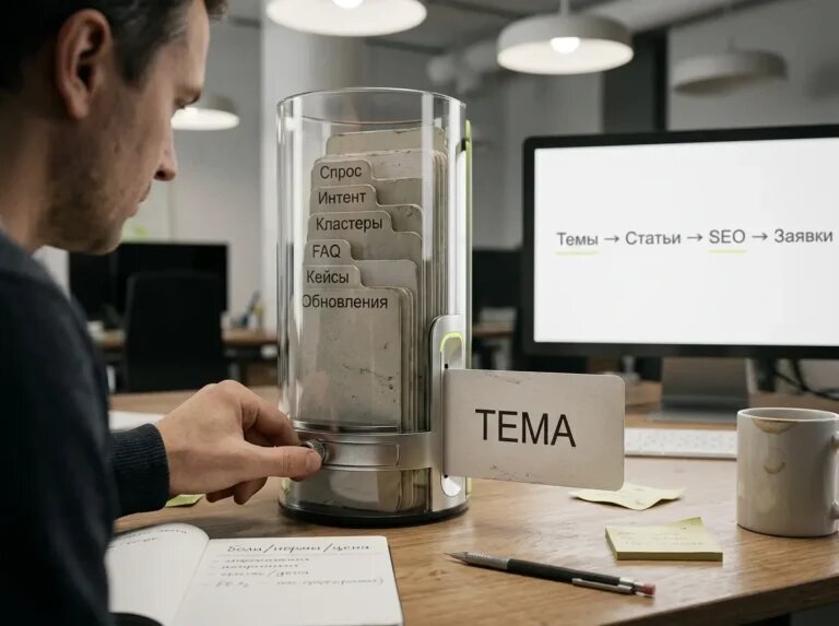    Системный выбор темы: из «слоёв спроса» выходит одна карточка, запускающая цепочку Темы → Статьи → SEO → Заявки. "Kontenium"