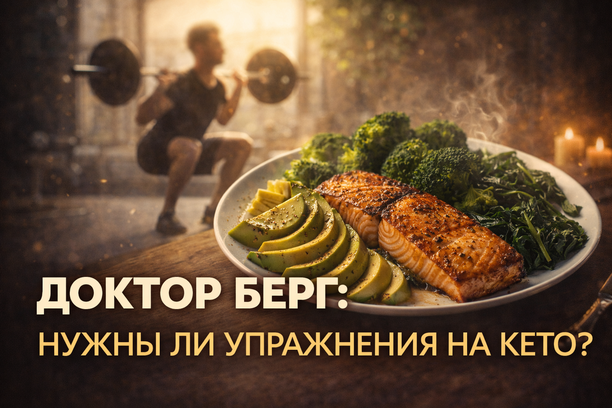 Тарелка с кето-едой и размытый силуэт спортсмена на заднем плане. Символ сочетания правильного питания и физической активности.