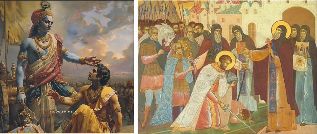 Благословение перед битвой. Арджуна слева, а Дмитрий справа.