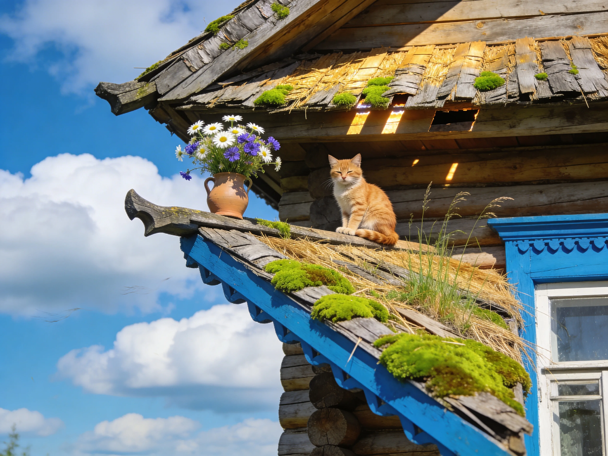 Старая крыша, рыжий кот, ромашки на коньке и солнце в щелях. В детстве здесь пахло сеном и приключениями. А сейчас пахнет домом. Самым настоящим. 🏚️☀️🐈