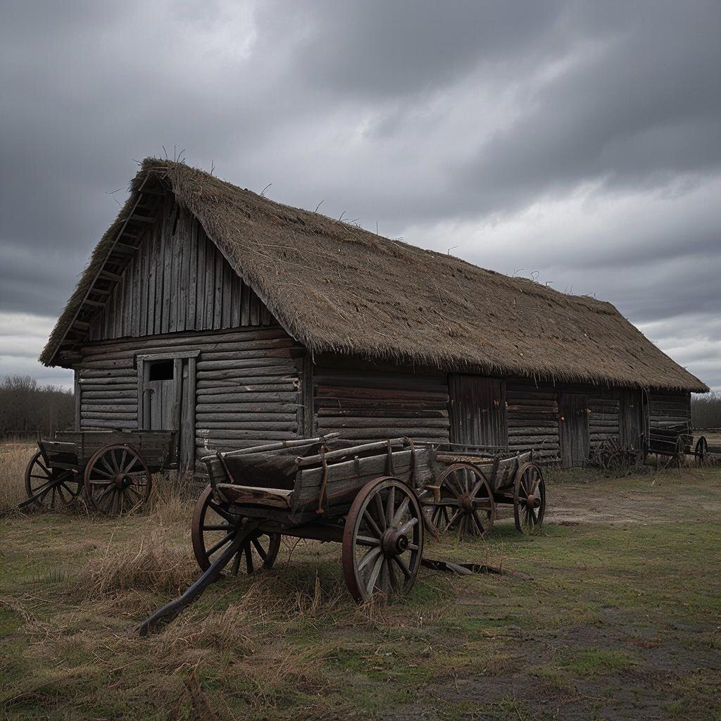  Почему не сохранились винокуренные заводы 18 века? Думаю, что помещик не тратился на здание: длинный сарай с небольшими световыми отверстиями, еще один сарай рядом для зерна и навес для дров. Иллюстрация  ИИ. 