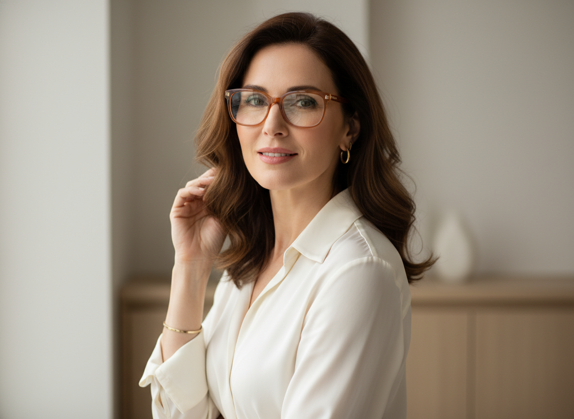 Женщина 40+ в прямоугольной оправе со скруглёнными углами: мягче линии лица и спокойнее взгляд