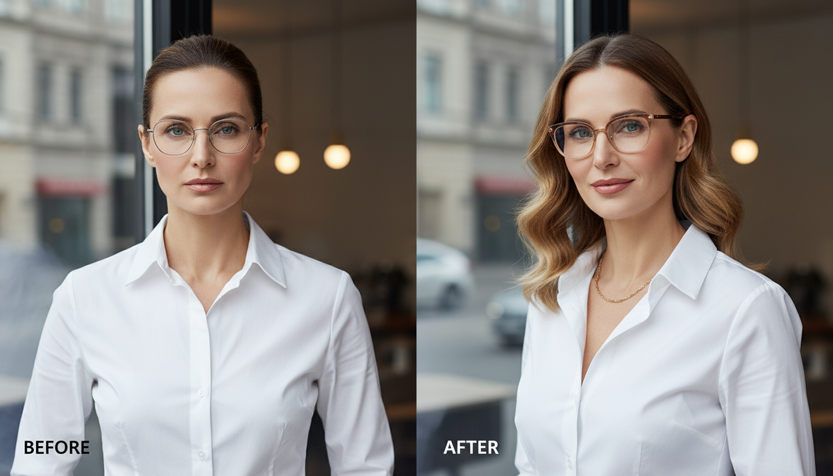 Сравнение: тонкая металлическая оправа делает женщину 40+ строже, тёплая оправа со средней толщиной освежает лицо