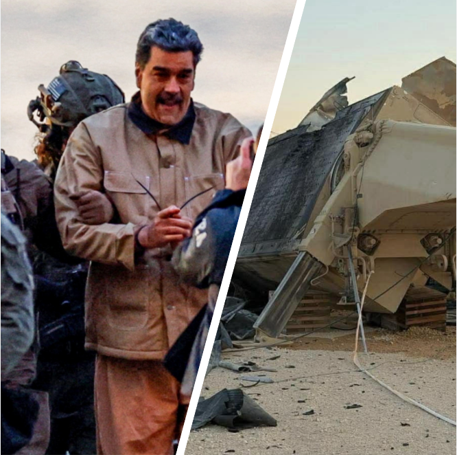 Слева — захваченный американским спецназом президент Венесуэлы Николас Мадуро, справа — одна из уничтоженных ударом иранского дрона РЛС американского комплекса противоракетной обороны THAAD.