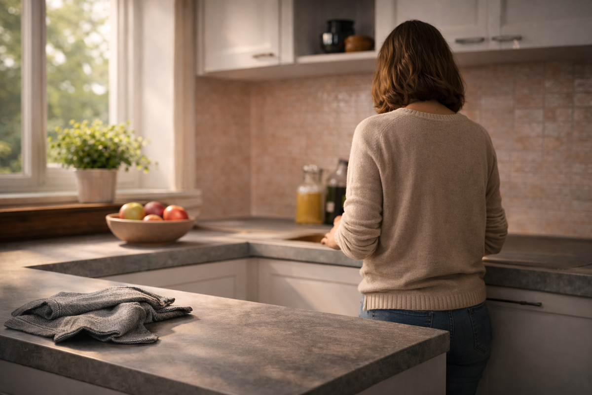 Обычное утро на кухне: Анна готовит завтрак у окна. После нескольких неудачных попыток она всё-таки смогла выстроить привычку пить свежий сок дома. Простые изменения на кухне помогли ей начать регулярно пользоваться соковыжималкой.