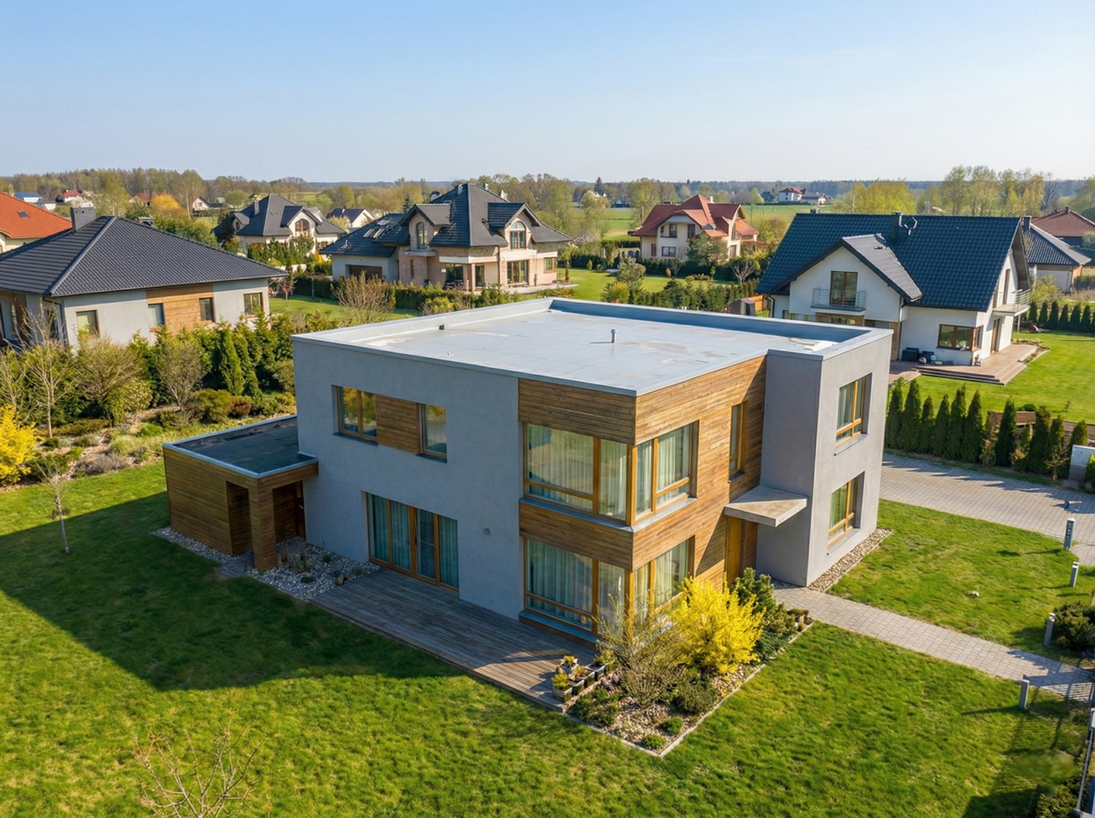 Современный коттедж с плоской крышей. Кровельная система с ПВХ мембраной. 