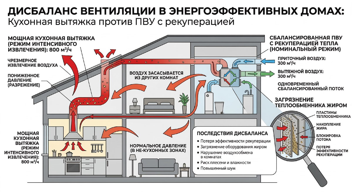 Схема конфликта вытяжки и рекуператора
(вытяжка 800 м³/ч против вентиляции 300 м³/ч).