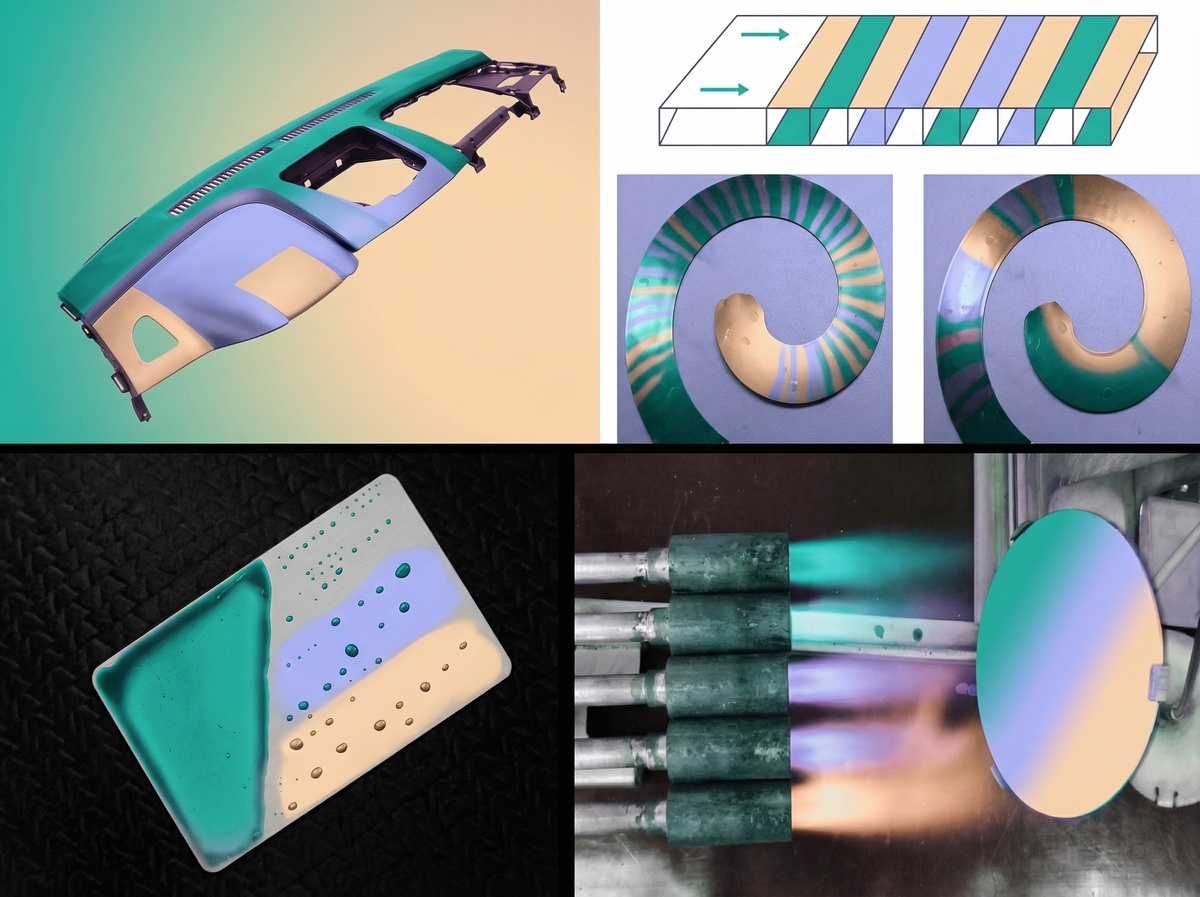Слева: пример интерьерной детали (сверху), тест на адгезию ЛКМ (снизу). Справа: оценка на «тигровые полосы» (сверху), оценка поверхностного натяжения после газопламенной обработки (снизу). 