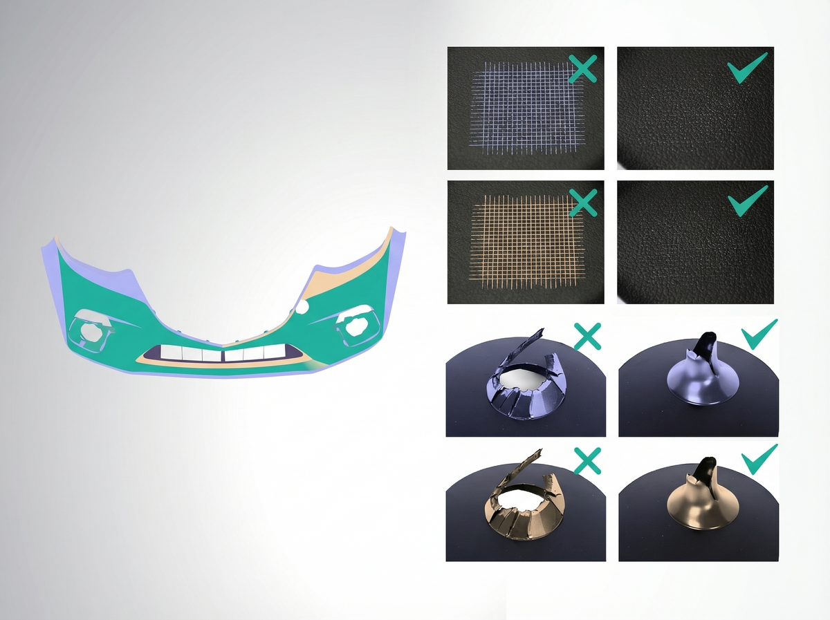 Слева: пример экстерьерной детали бампера, справа: метод оценки на царапаемость (сверху) и тест на пластичную деформацию при ударе (снизу).