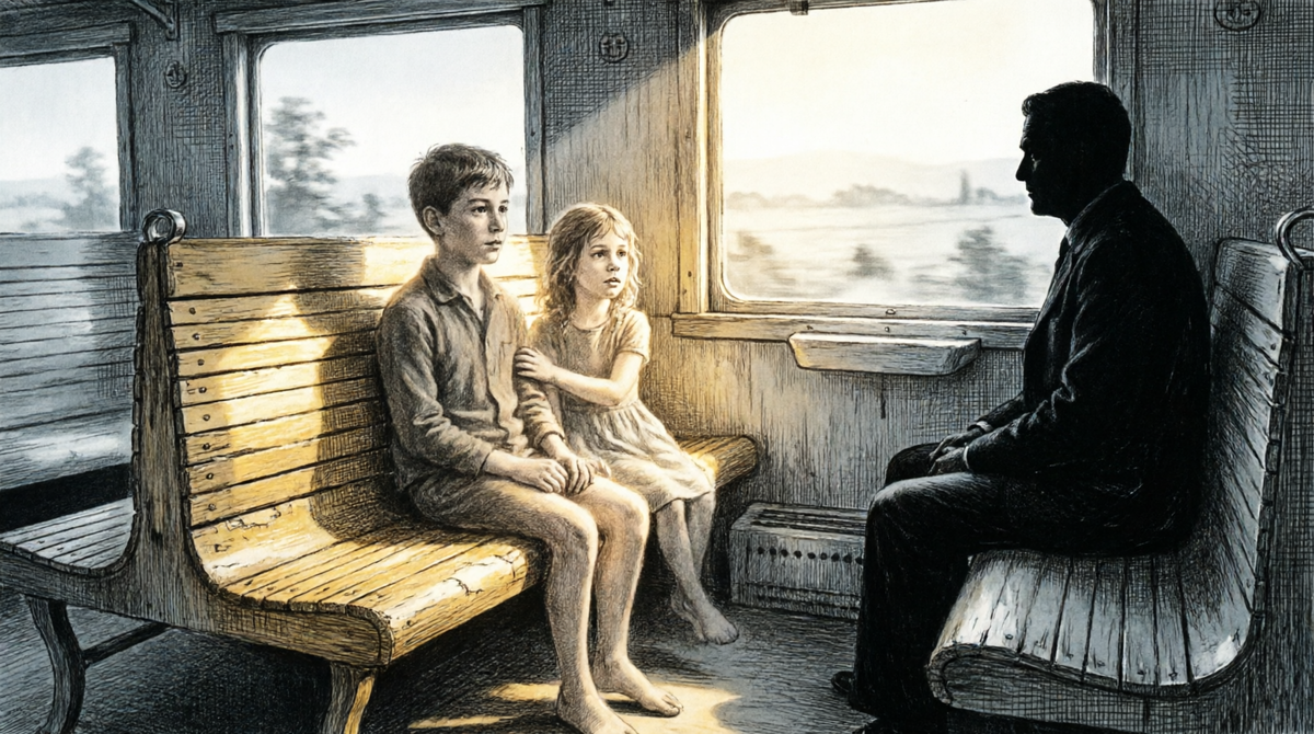 Поезд из лагкря. Незнакомец, который забрал детей, всю дорогу молчал и смотрел в окно.