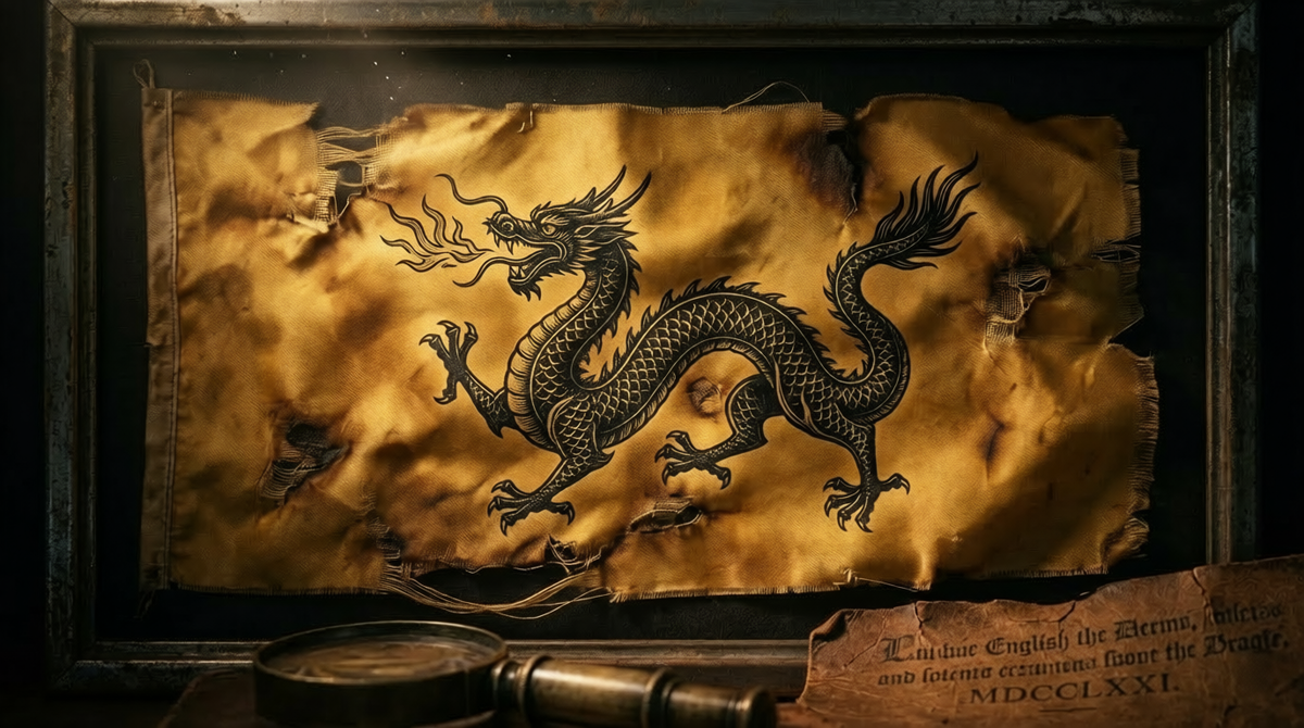 Гербовый флаг Тартарии с изображением дракона — зафиксирован в официальных морских реестрах наравне с флагами Британии и Франции. Визуализация.