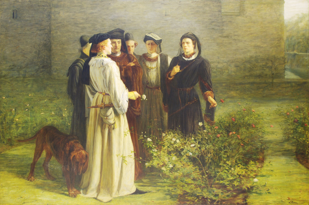 Представление легендарной сцены в саду Темпла в I части пьесы «Генрих VI», где сторонники враждующих партий выбирают красные и белые розы. Рисунок Джона Петти (1839–1893).