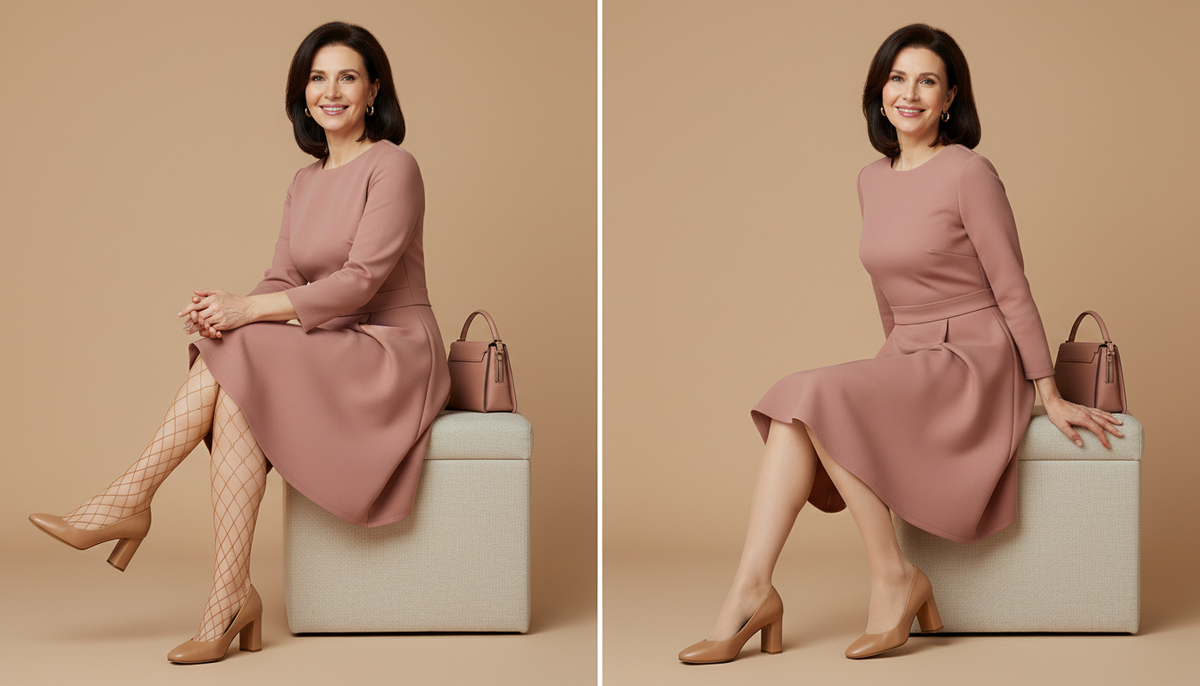 Слева - платье с телесными колготками в сеточку. Справа - то же платье с тонкими матовыми колготками в тон коже