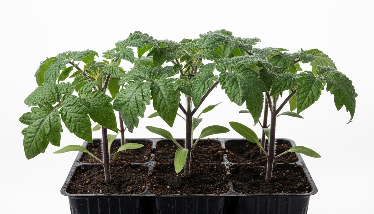 Рассада томатов в возрасте 50-60 дней — приземистая, с толстым стеблем и тёмно-зелёными листьями