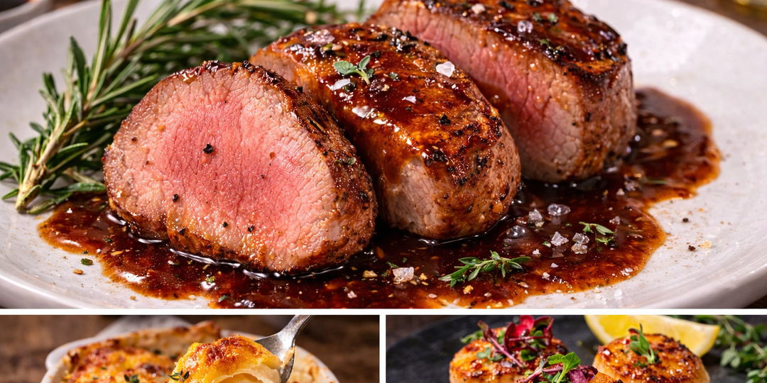 Романтический ужин на двоих: 3 рецепта — медальоны из свинины с соусом, морские гребешки и картофель гратен