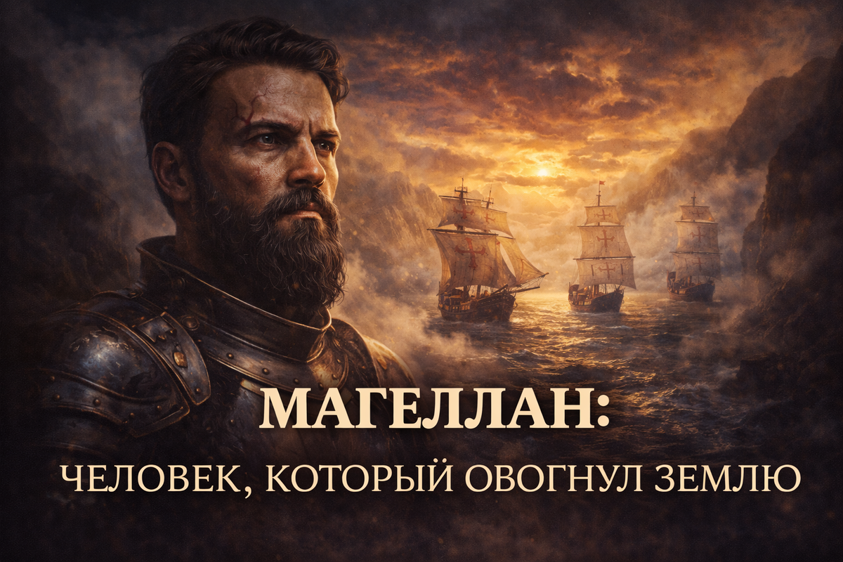 Портрет Фернана Магеллана в доспехах на фоне трёх кораблей, проходящих через пролив, названный его именем.