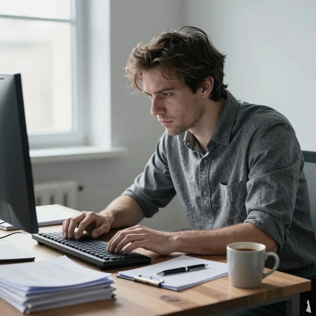 За компьютером. Иллюстрация сгенерирована нейросетью