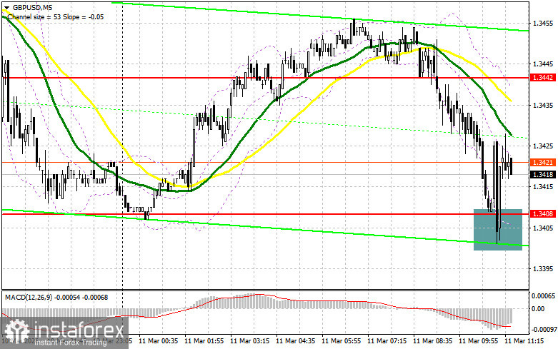 В своем утреннем прогнозе я обращал внимание на уровень 1.3408 и планировал от него принимать решения по входу в рынок. Давайте посмотрим на 5-минутный график и разберемся с тем, что там произошло. Снижение и формирование ложного пробоя в районе 1.3408 привели к точке входа на покупку фунта, что вылилось в небольшой рост пары на 20 пунктов. На вторую половину дня техническая картина была пересмотрена.