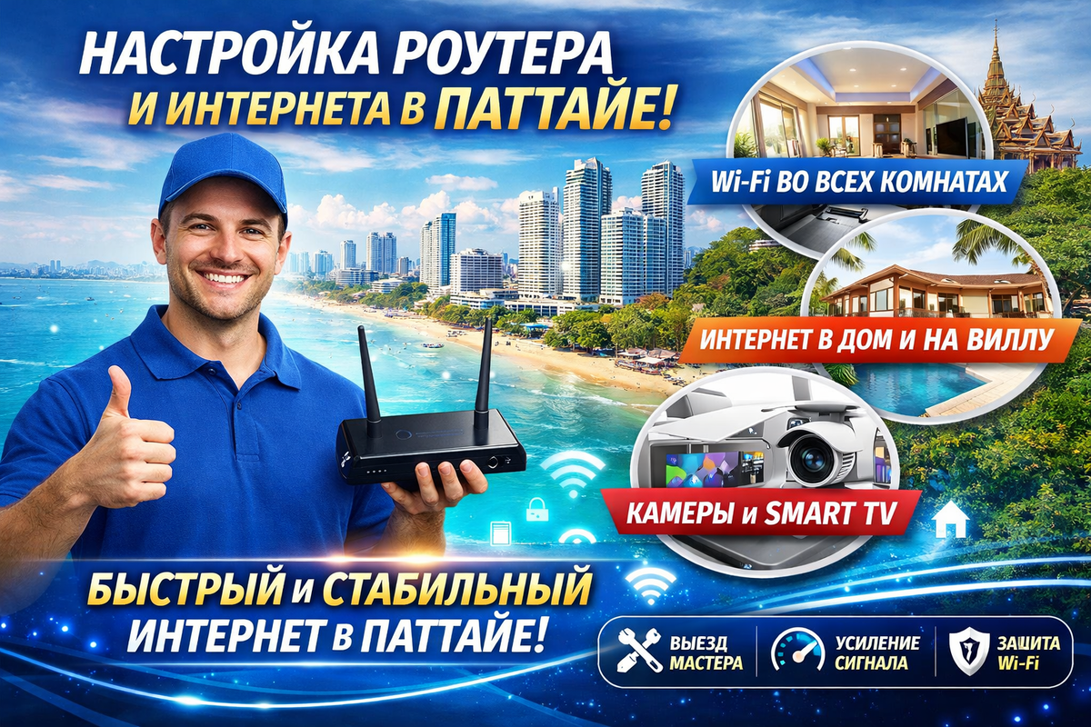 Настройка роутера и Wi-Fi интернета в Паттайе. Профессиональная настройка домашней сети, усиление Wi-Fi сигнала, подключение Smart TV, камер видеонаблюдения и устройств к интернету. Быстрый и стабильный интернет для квартир, кондоминиумов, домов и вилл в Pattaya.