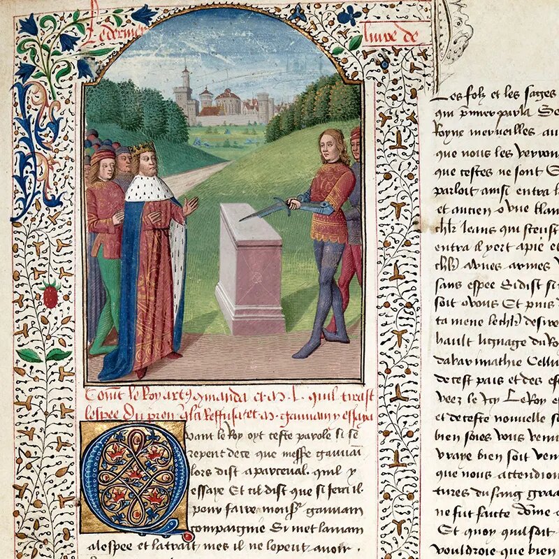 Средневековая миниатюра (создана между 1466 и 1470 годами), иллюстрирующая легенду о короле Артуре, который вынимает меч из камня. Миниатюра изображает ключевой момент Артуровских легенд — получение меча, подтверждающего законное право Артура на престол. 