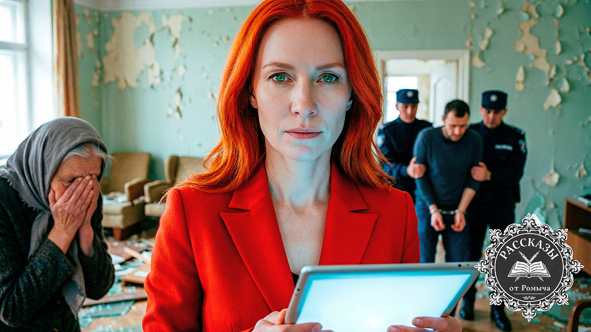 Женщина с ярко-рыжими волосами и холодными зелеными глазами стоит в центре разгромленной комнаты. На ней строгий ярко-красный жакет. На заднем плане – мужчина в наручниках, которого уводят люди в форме, и пожилая женщина в тусклом сером платке, закрывшая лицо руками. Фокус на лице героини, выражающем ледяное спокойствие и торжество справедливости. В руках она сжимает планшет со светящимся экраном.