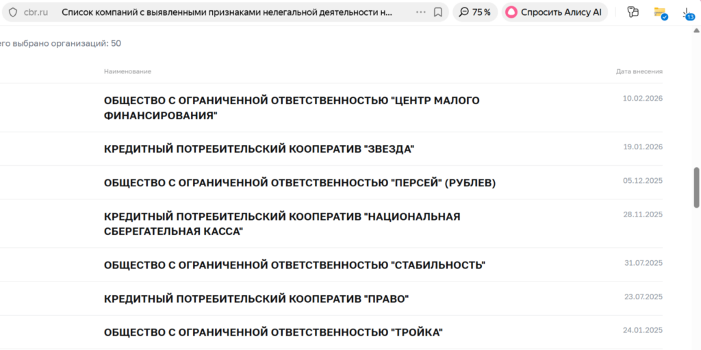     Список нелегальных кредиторов Оренбуржья за 2025-2026 годы. Фото: сайт Банка России.