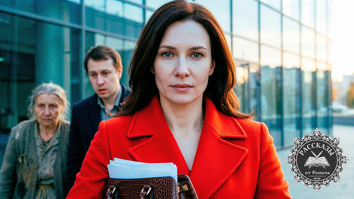 Женщина с каштановыми волосами и темно-серыми глазами, в элегантном кашемировом пальто ярко-красного цвета, стоит на фоне офисного здания. В руках она сжимает кожаную сумку с документами. На заднем плане, в расфокусе, виден растерянный мужчина и пожилая женщина в тусклых одеждах. Выражение лица героини – холодное торжество и спокойная уверенность.