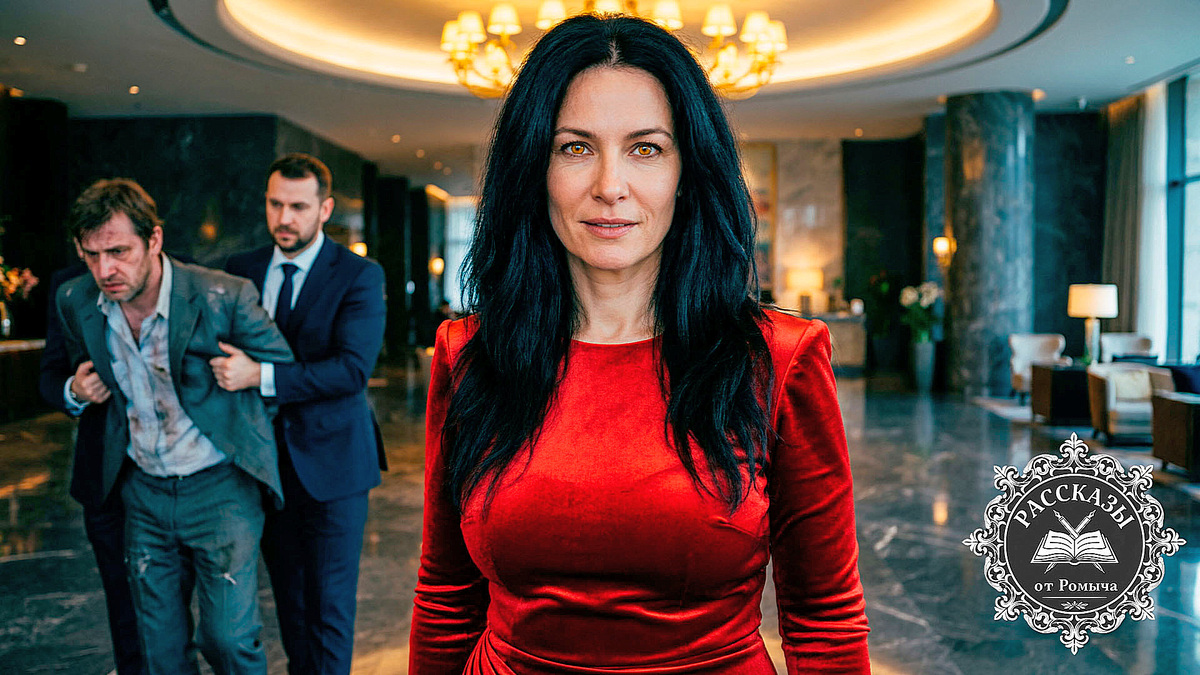 Женщина с черными волосами и янтарными глазами, в ярко-красном атласном платье, стоит в элитном холле. На заднем плане, в расфокусе и тусклых тонах, двое мужчин уводят сломленного мужчину в помятом костюме. На лице женщины холодное торжество и спокойствие.