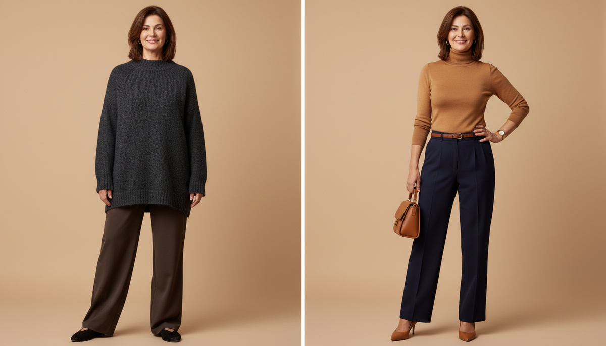 Слева - объём поглотил фигуру. Справа - свитер заменили на водолазку, и силуэт вернулся