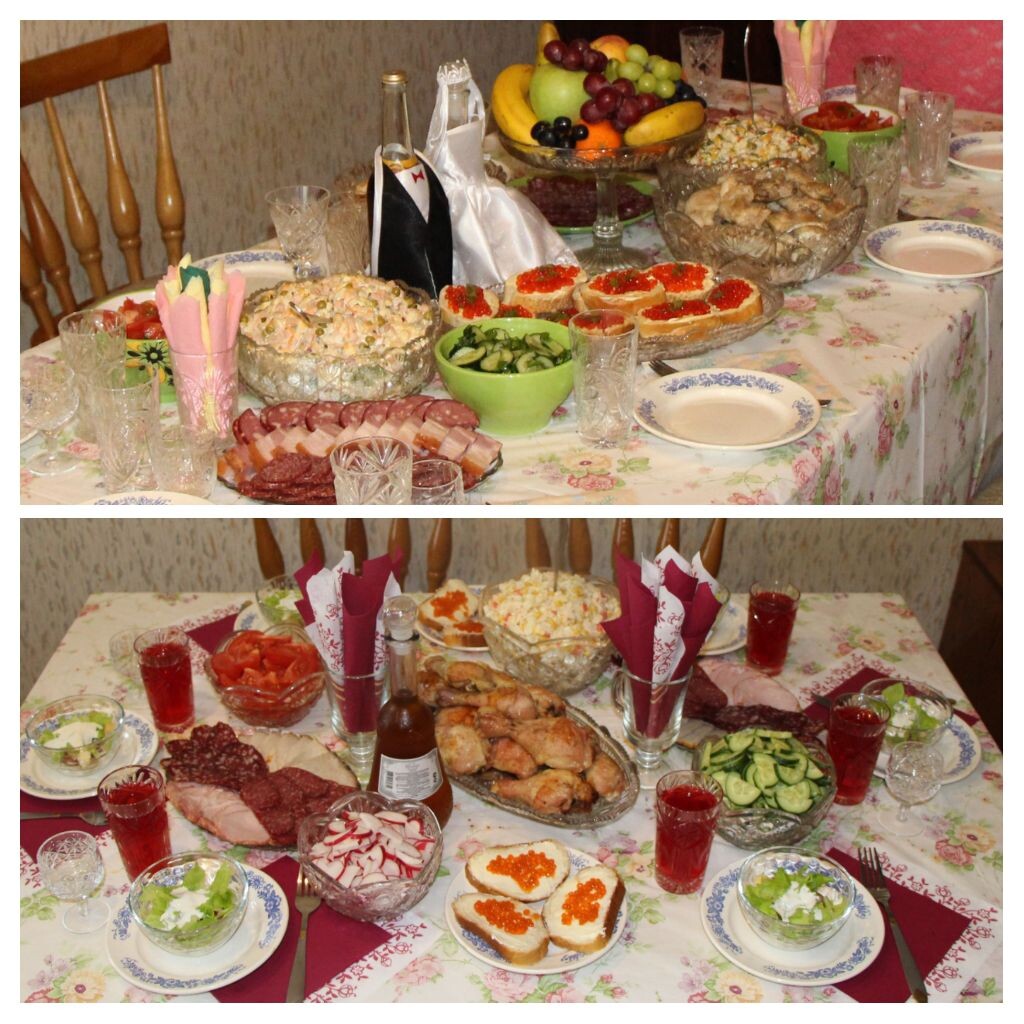 Фото вверху - стол на нашу свадьбу, готовила моя мама. Мы не хотели праздновать вообще. Только чаепитие со свадебным тортом, и всё. Но родители решили, что надо, хоть и дома... Фото внизу - наш с мамой совместный стол на юбилей моего мужа. Мы несколько лет жили вместе с моими родителями, поэтому вносить новизну как-то особо не выходило. Но картошку убрали, да, раньше она была "маст хэв")))
