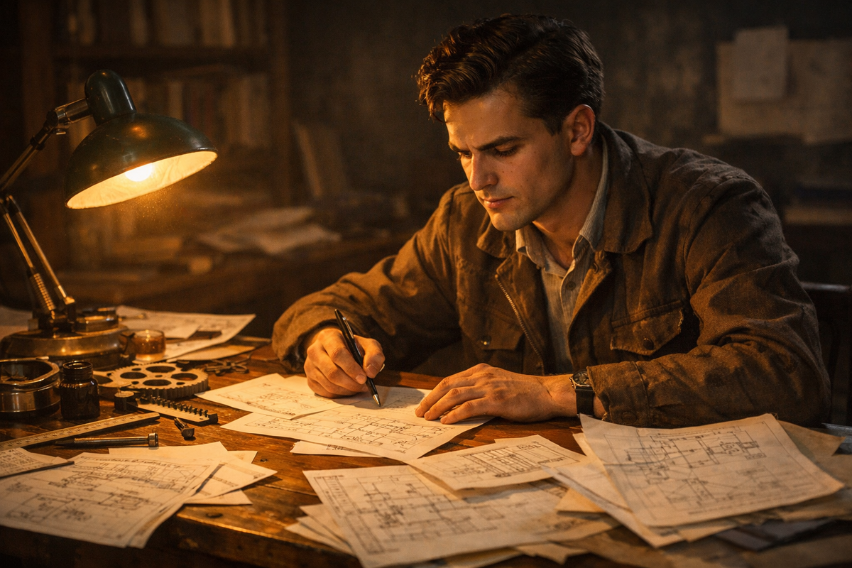 Молодой советский инженер 1940-х годов сидит ночью за столом, заваленным патентными описаниями, чертежами, шестернями, линейками и листами с техническими схемами. Лампа даёт тёплый жёсткий свет. На лице — сосредоточенность, внутренняя дерзость и ощущение, что рождается новая интеллектуальная система.