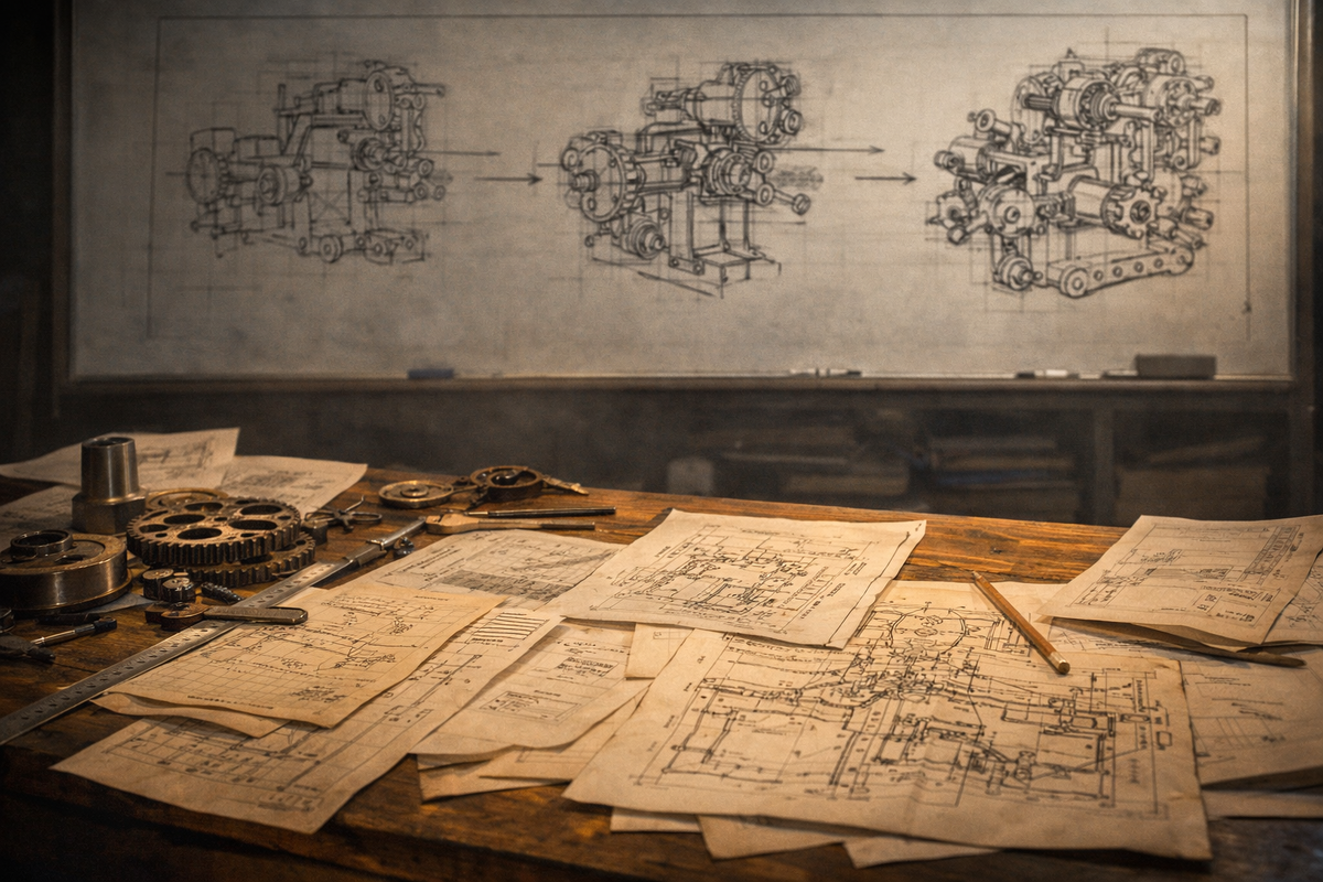 На большом столе лежат старые патентные листы, циркуль, металлические детали, линейки и карандаши. На заднем плане — инженерная доска, где один и тот же механизм показан в нескольких стадиях развития: от грубой схемы к изящному решению. 